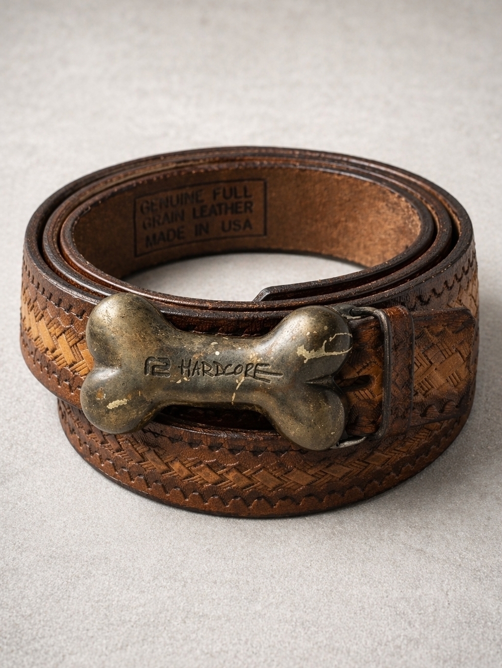 Vintage Hand Tooled Leather Belt Hardcore Bone Buckle Western USA